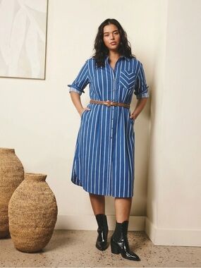 Universal Standard Blue and White Striped Midi Shirt Dress | Size : S (14-16)